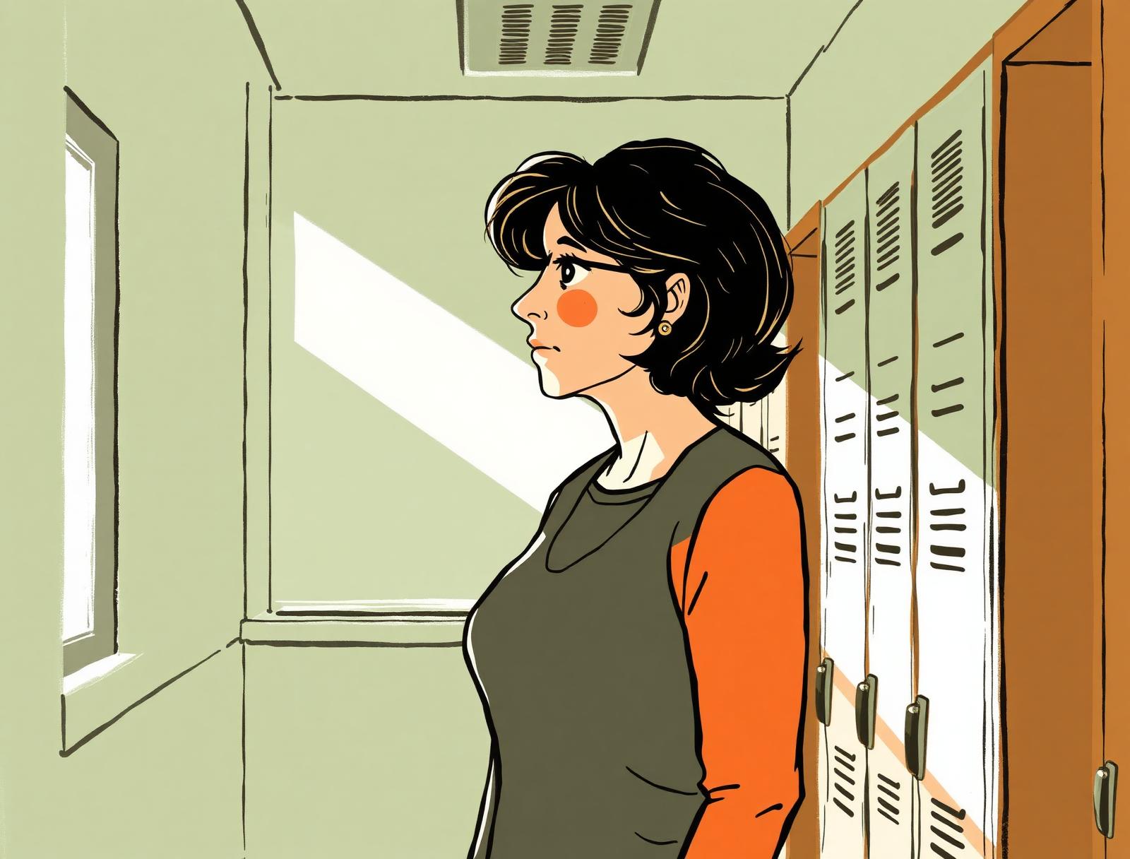 Editorial ilustrace — zamyšlená učitelka u školních skříněk