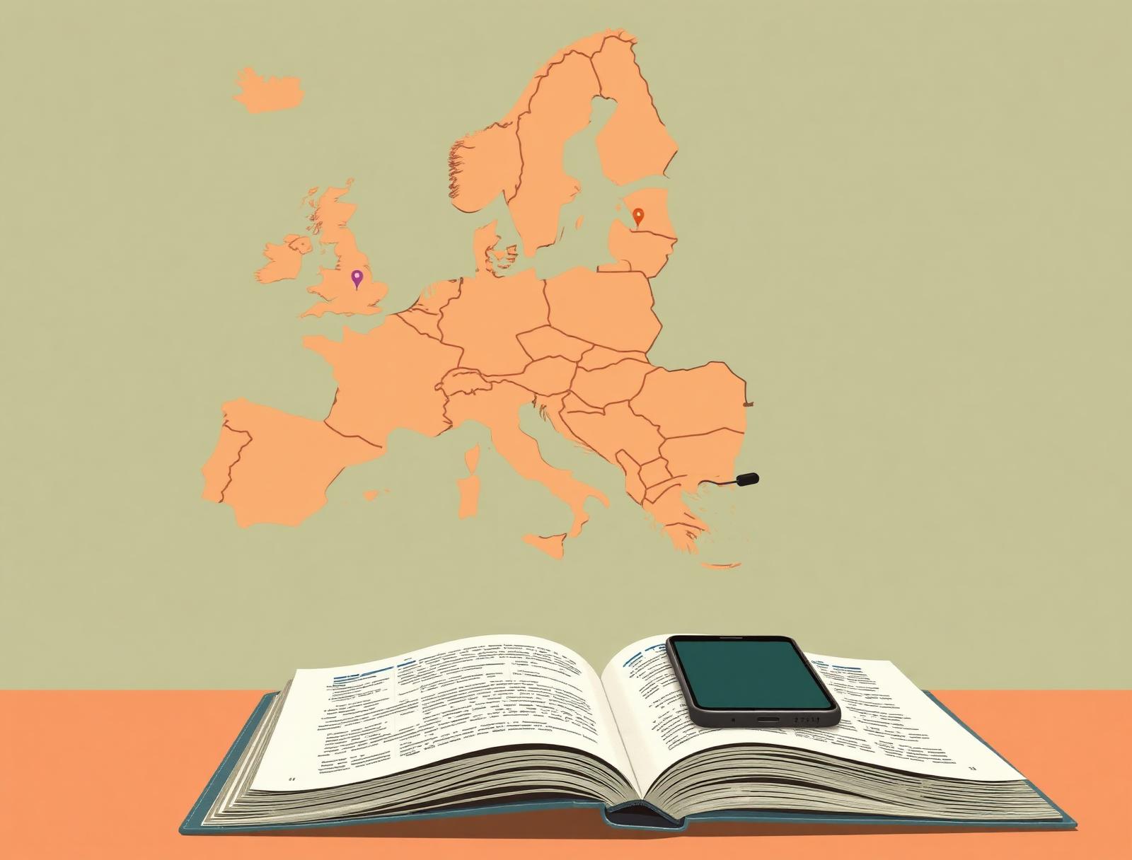 Editorial ilustrace — mapa Evropy nad otevřenou knihou s vypnutým mobilem, symbolika analýzy regulace mobilů ve školách
