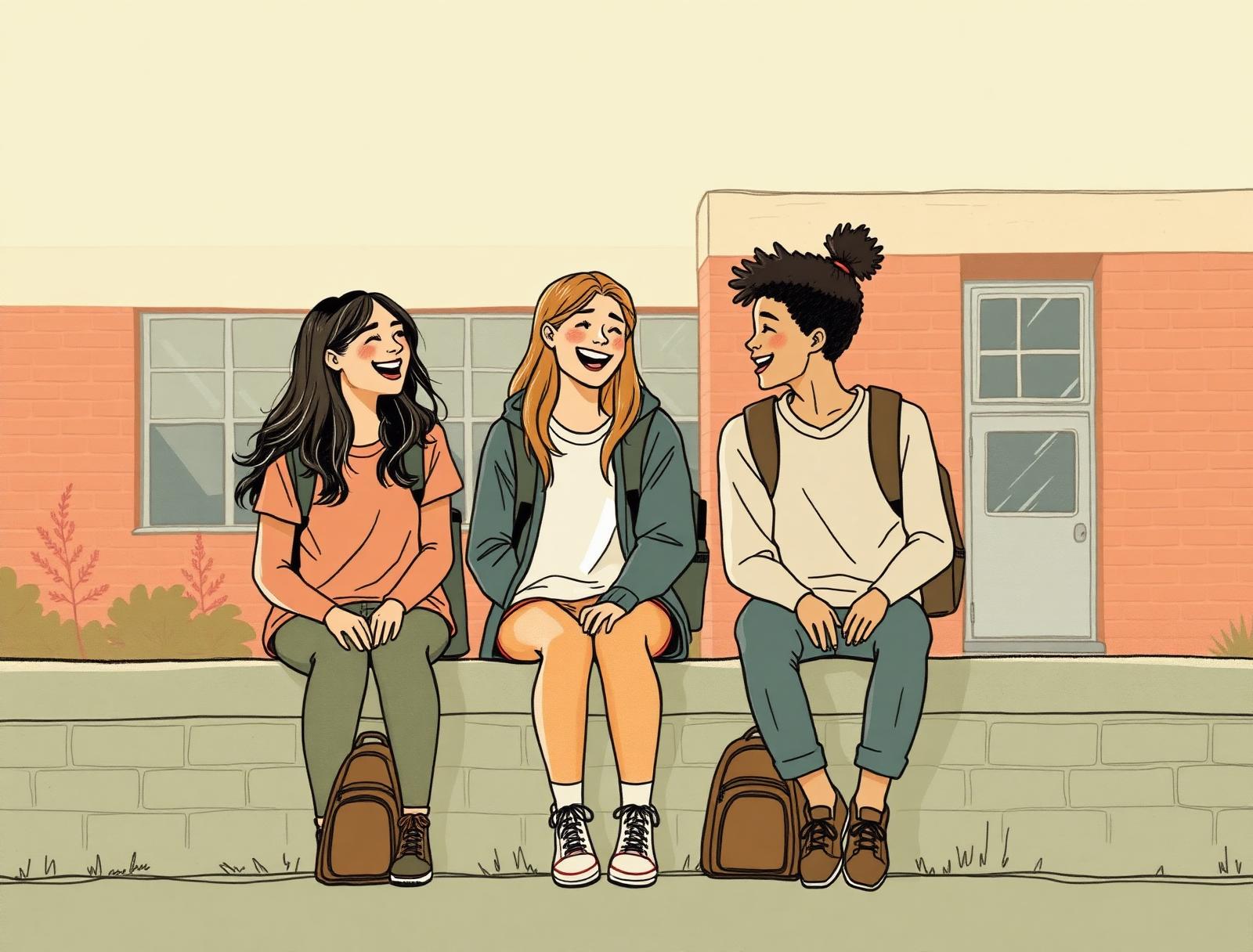 Editorial ilustrace — žáci si o přestávce povídají bez telefonů