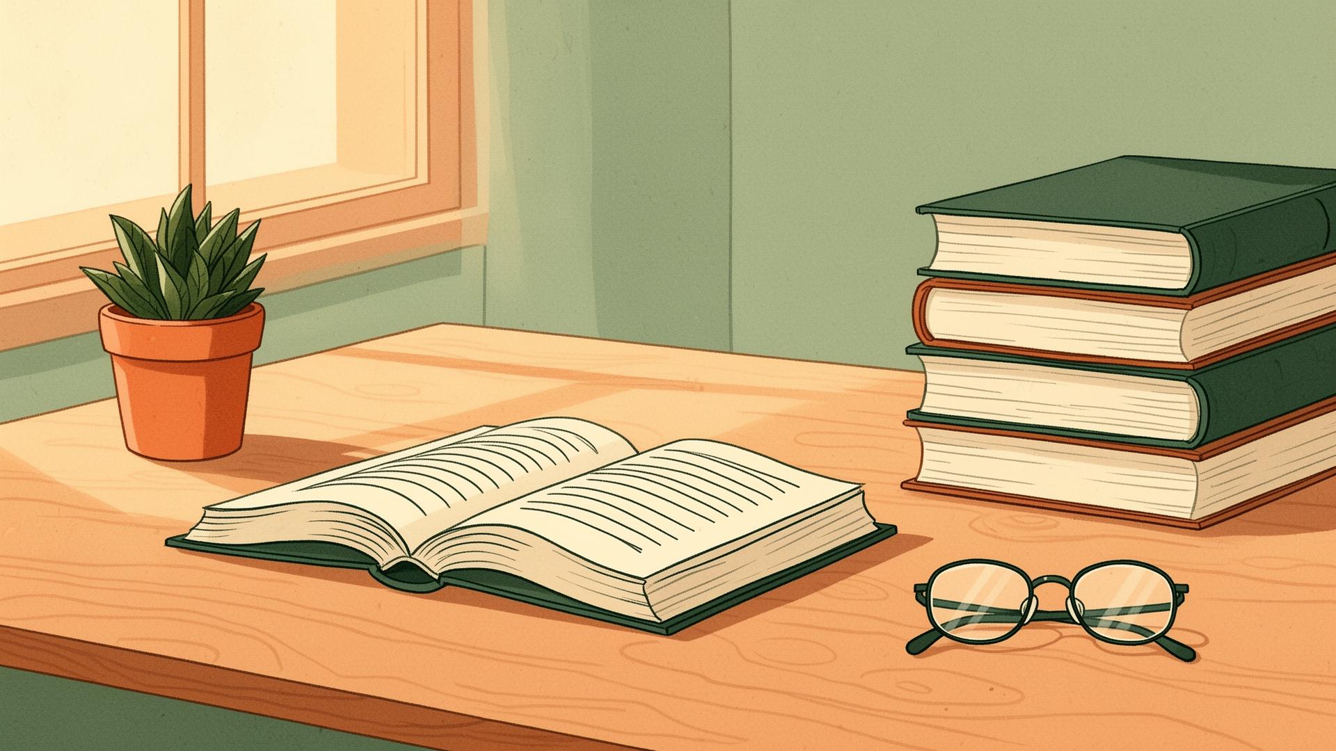 Editorial ilustrace — kniha, brýle a stůl k soustředěnému studiu