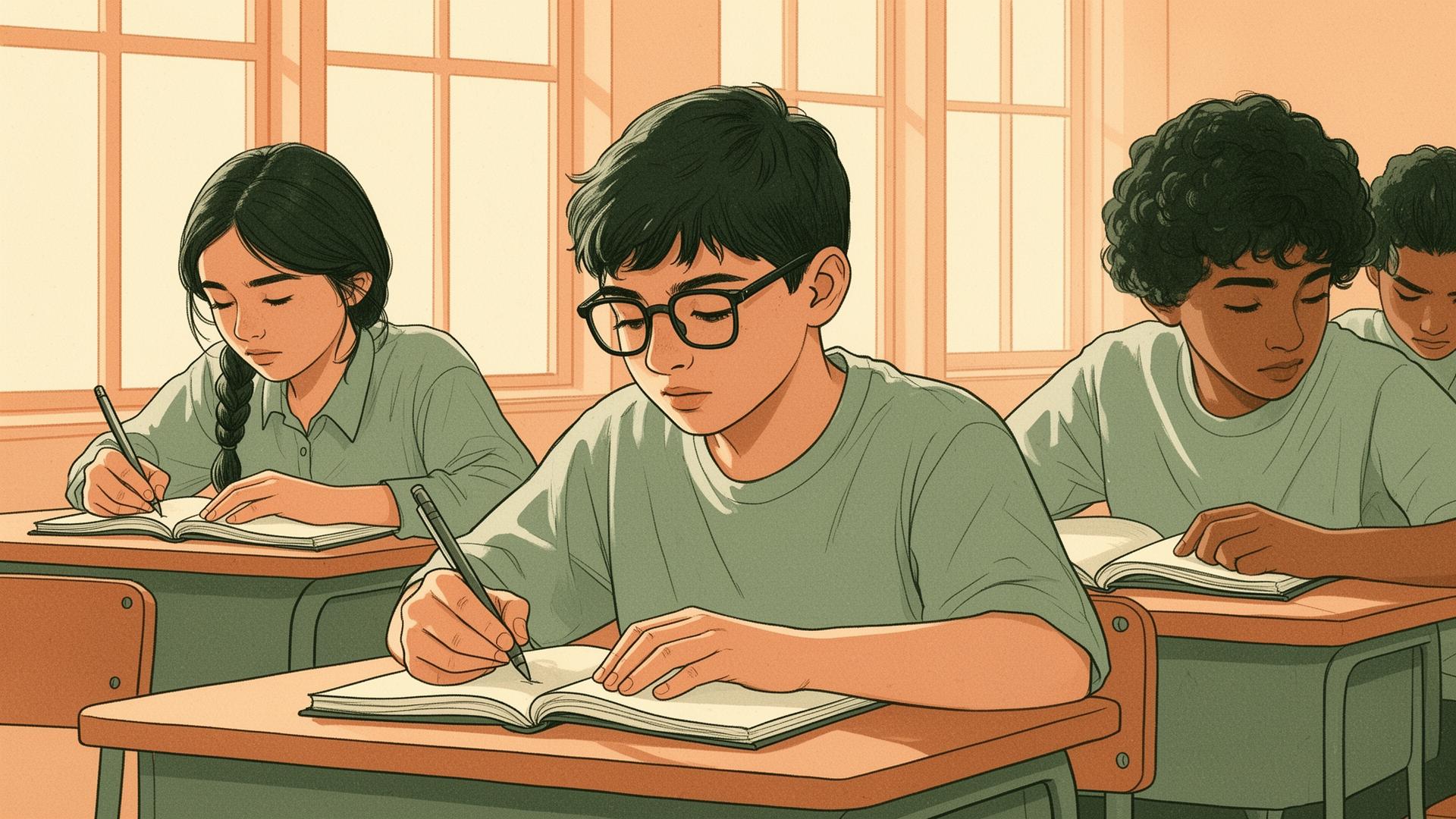 Editorial ilustrace — soustředění žáci v učebně