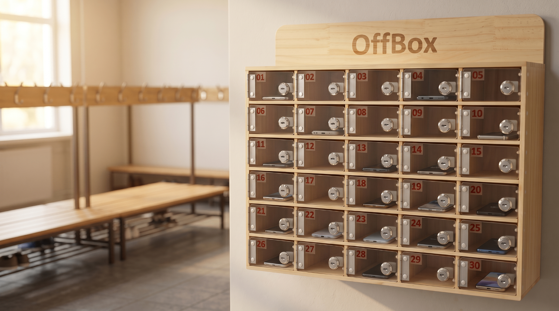 Úložný systém OffBox — uzamykatelné průhledné schránky na mobilní telefony žáků s očíslovanými přihrádkami
